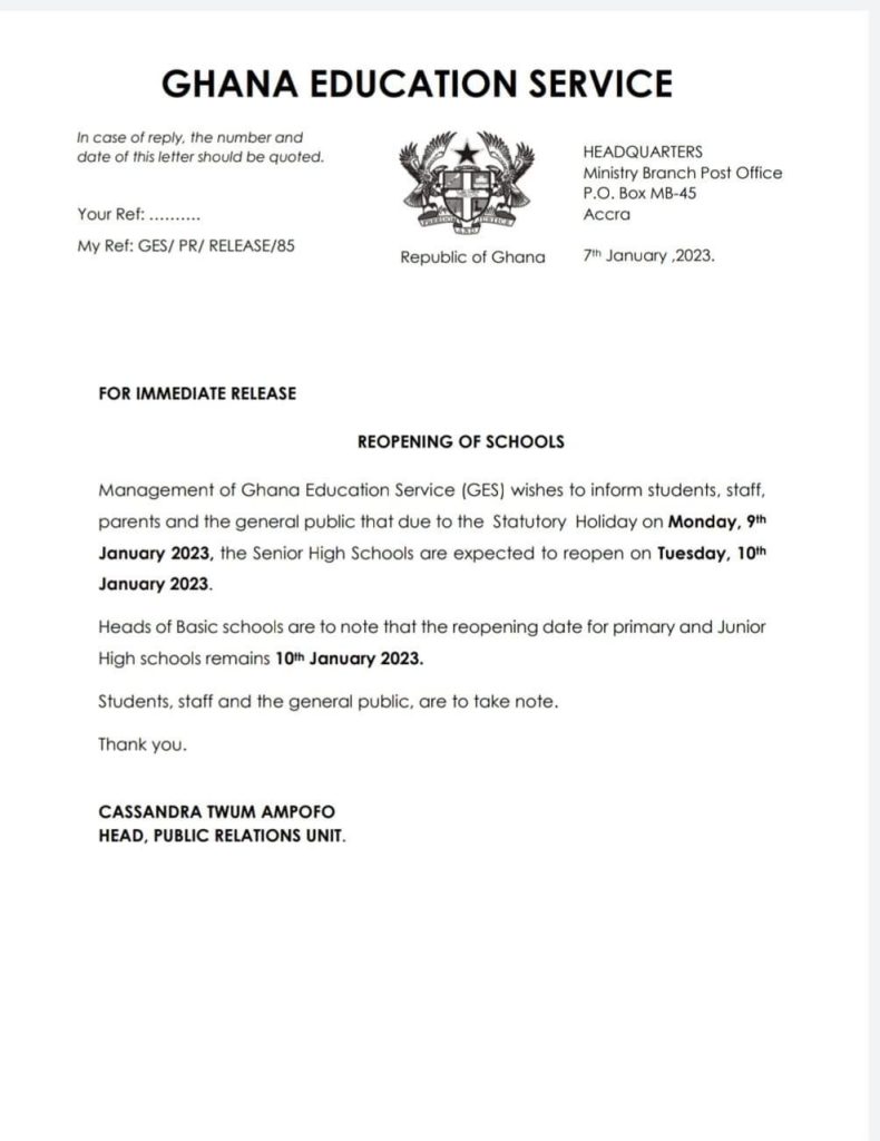 The Ghana Education Service (GES) has declared that public basic schools and Senior High Schools will reopen on Tuesday, January 10, 2023.