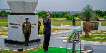 Gabonese President Nguema lays wreath in honour of Flt Lt J. J. Rawlings